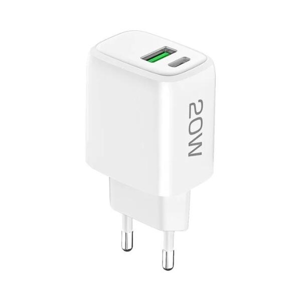 Caricatore Smartphone USB-A + Type-C PD 20W Bianco