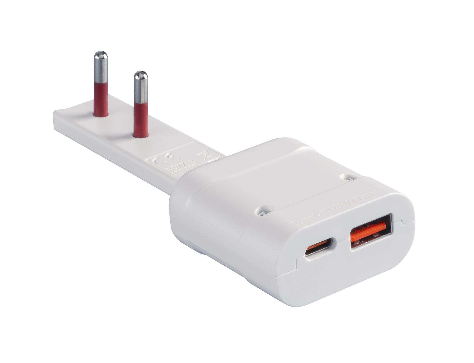 Spina Italiana Ultrapiatta USB tipo A e USB-C™ 2P+T250V 10A 20W, Bianco