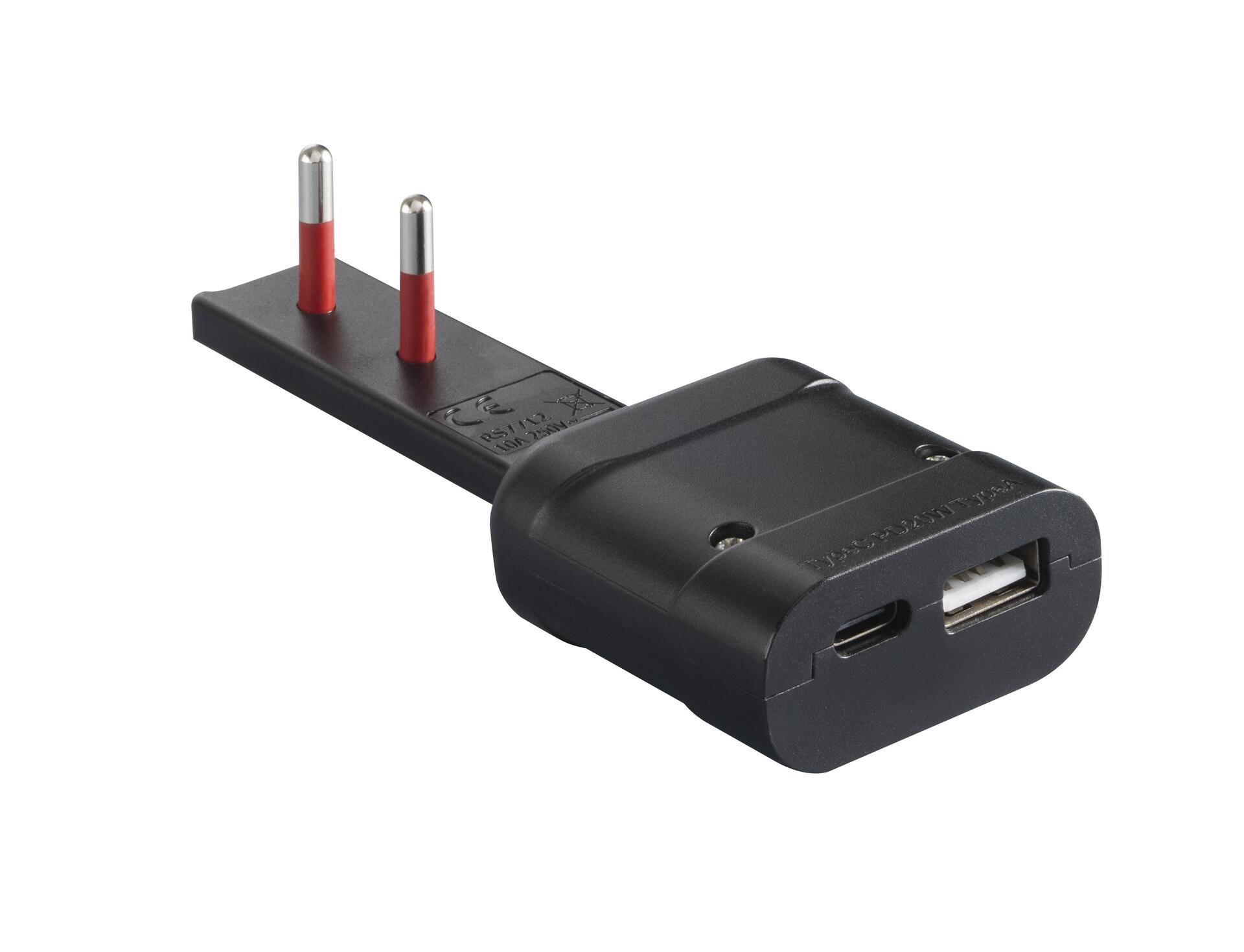 Spina Italiana Ultrapiatta USB tipo A e USB-C™ 2P+T250V 10A 20W, Nero