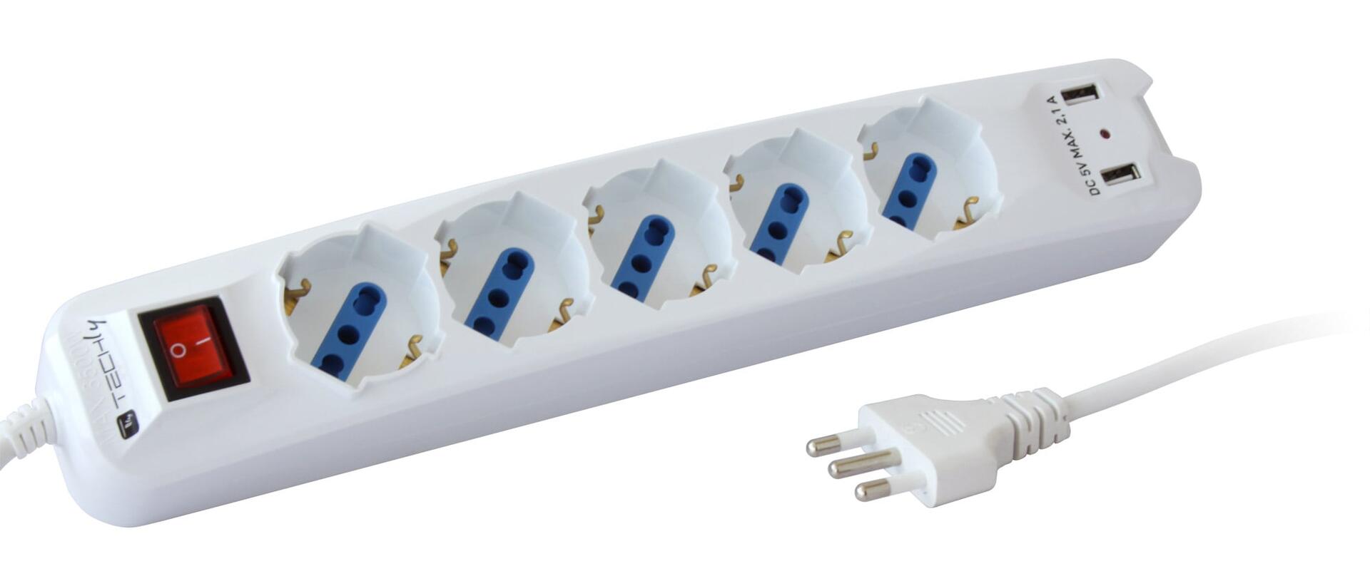 Multipresa 5 Posti Italiana Bipasso con 2 Prese USB