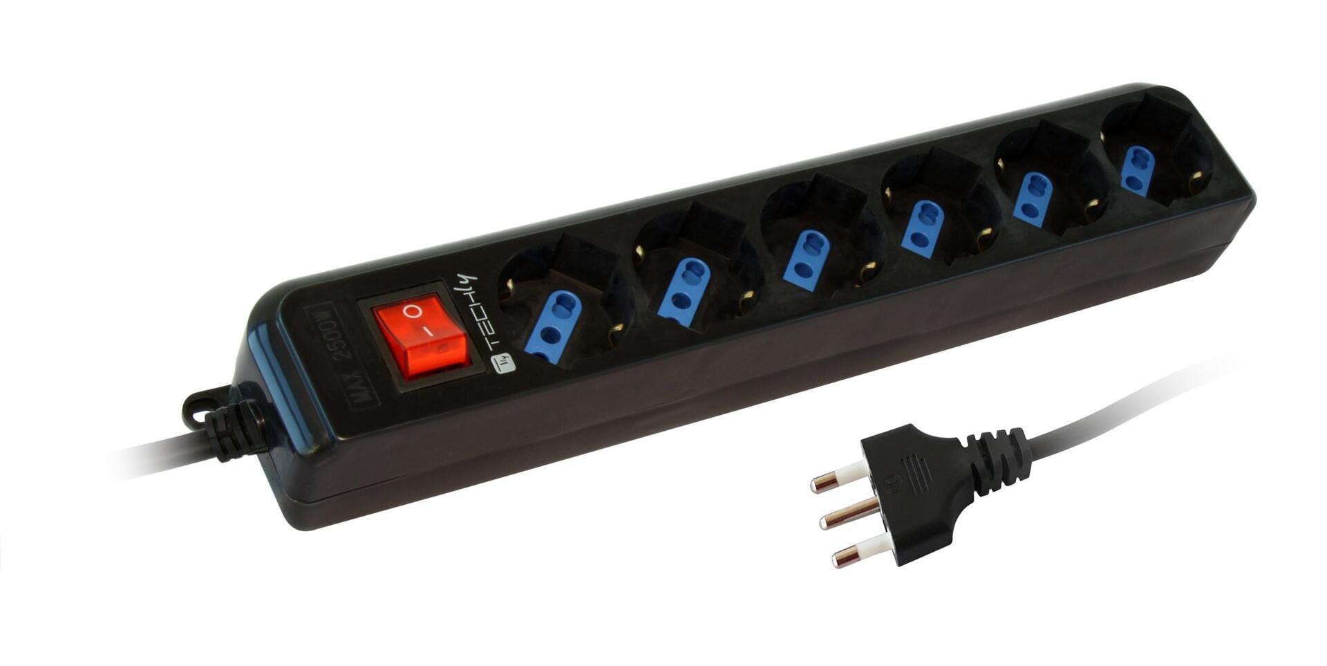 Multipresa 6 Posti Italiana Bipasso con Interruttore Cavo 3 metri Nero