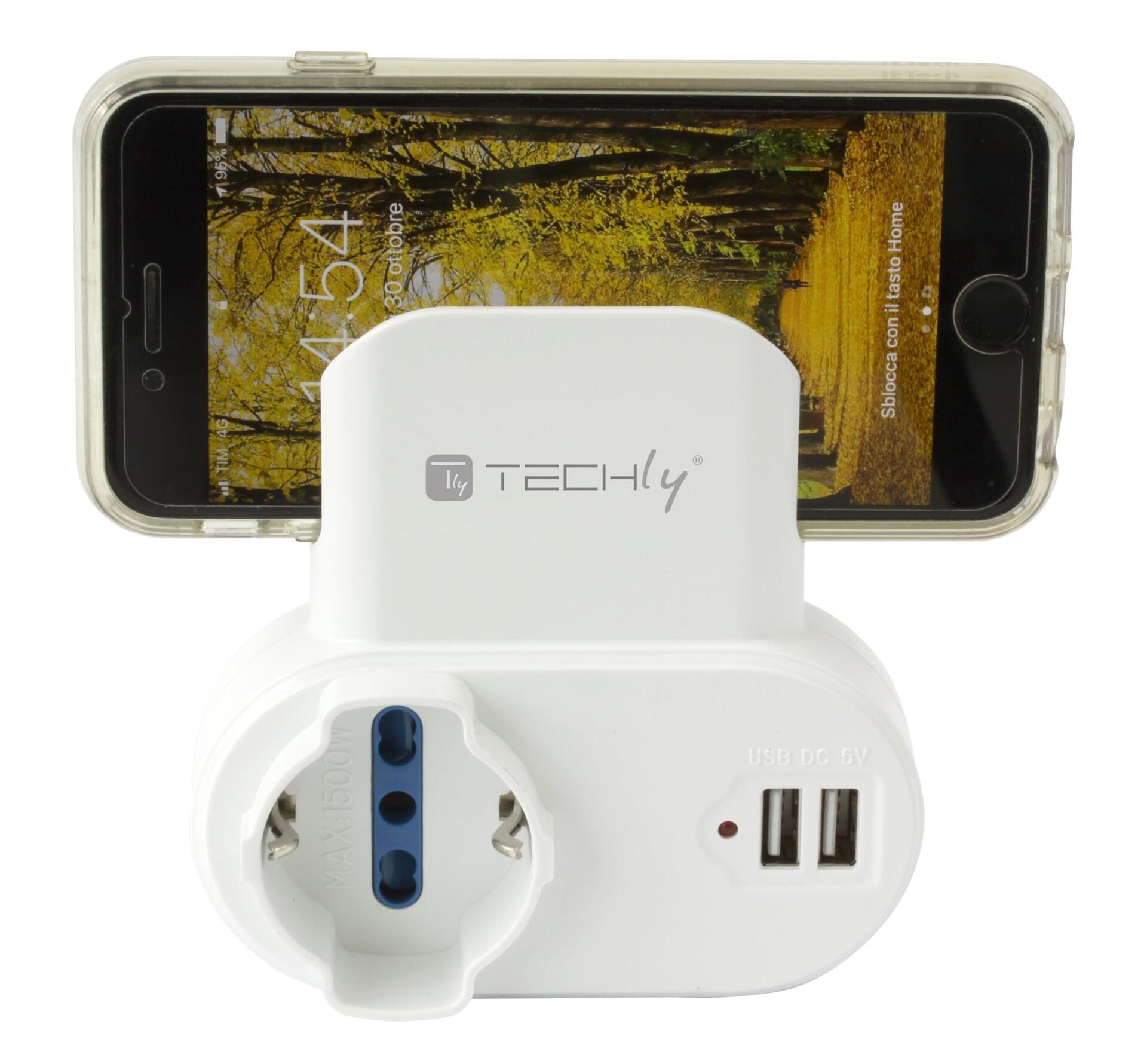 Adattatore Presa bipasso/Schuko 2 USB 1A con porta telefono