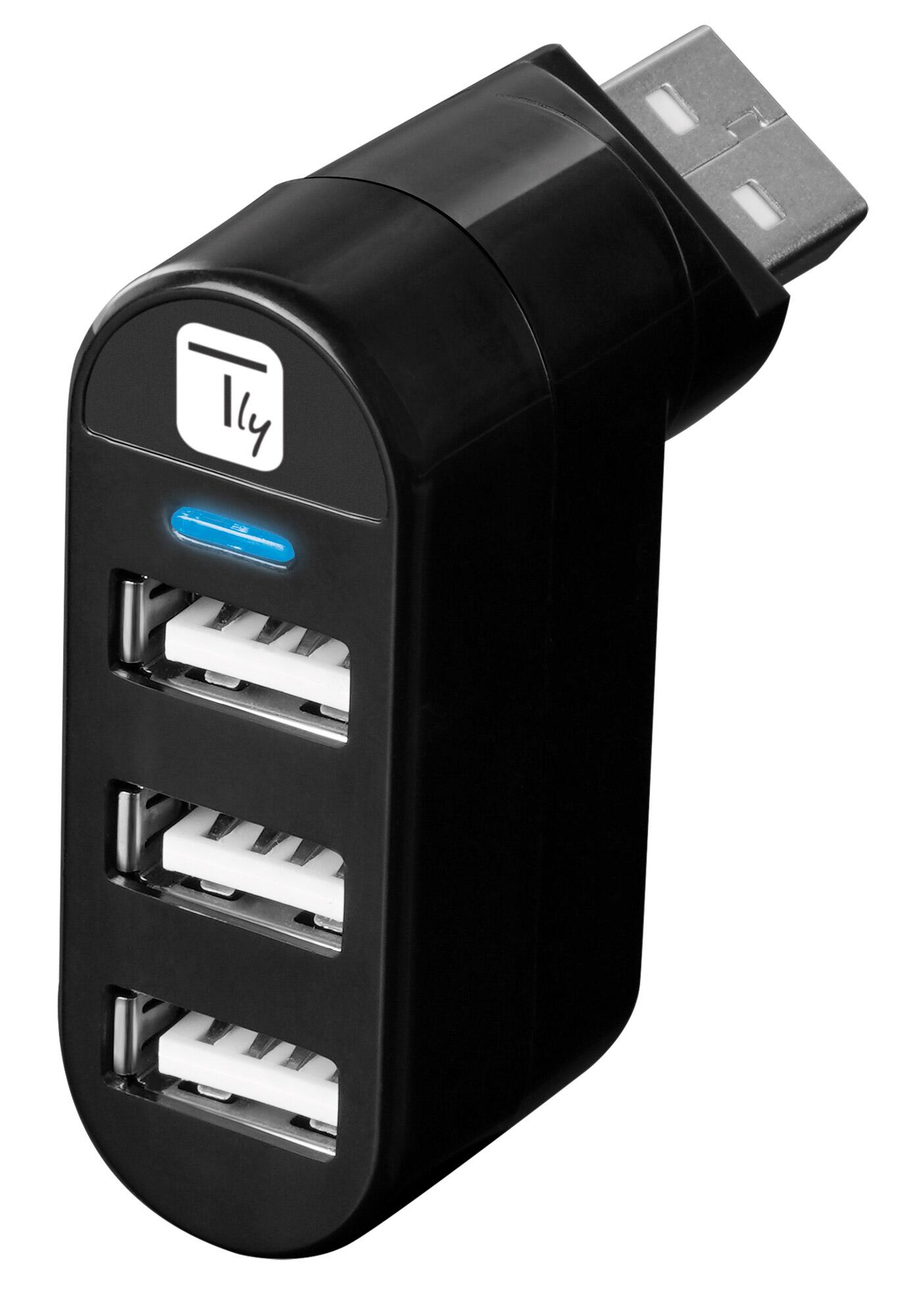 Mini Hub Rotante con 3 Porte USB 2.0 Nero