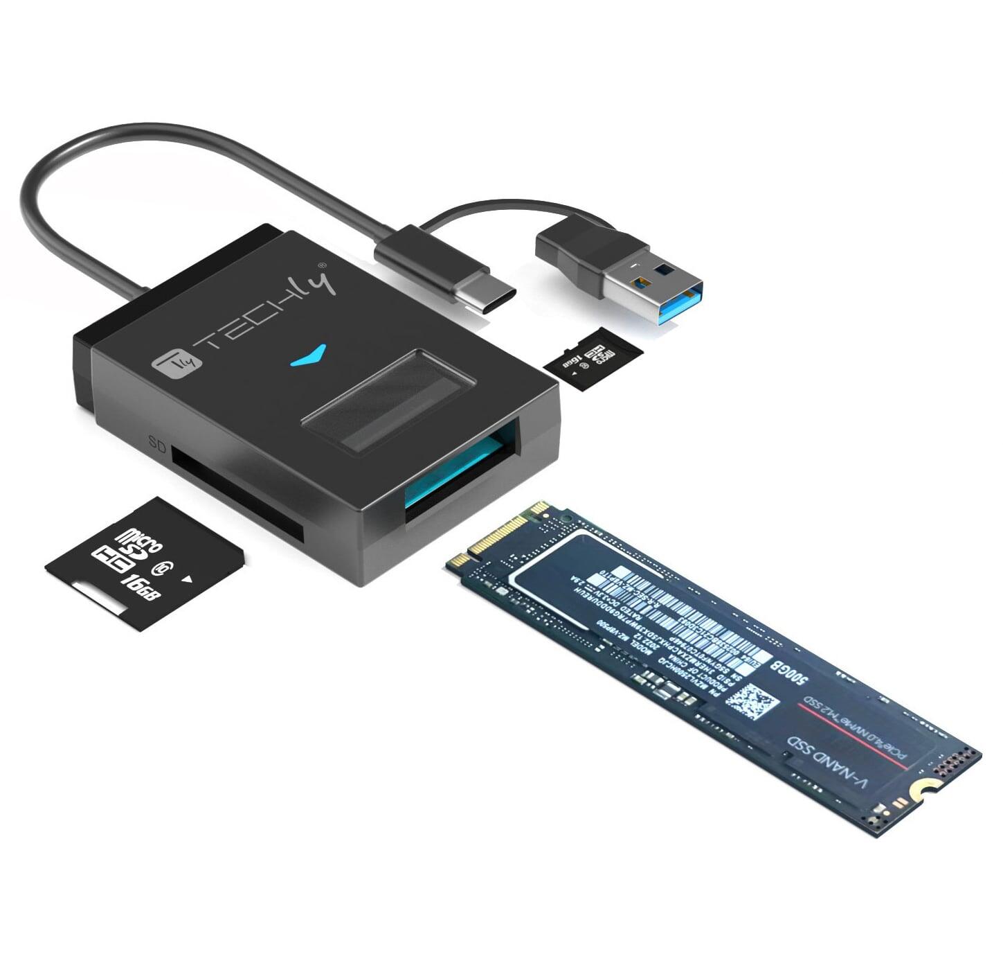 Adattatore USB-A/USB-C™ a NVME/SATA M.2 con Lettore Memorie SD/TF
