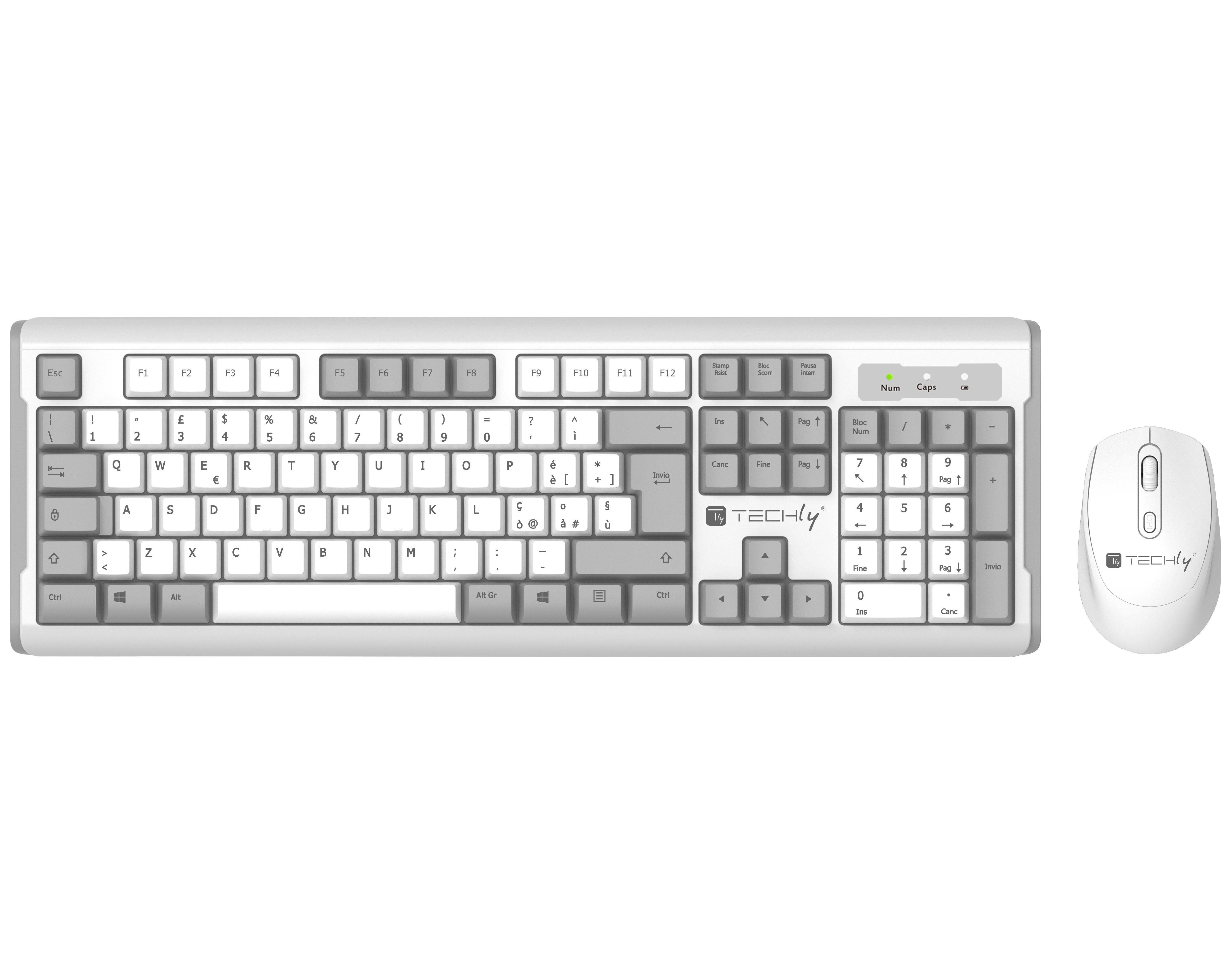 Kit Tastiera e Mouse 1600 Dpi Wireless Bianco e Grigio