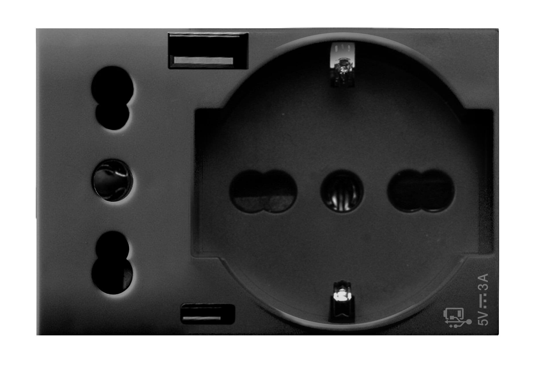 Tekla S44 Presa Schuko Presa Italiana USB-A e USB-C™ 2P+T 10/16A 250V 3 Moduli Grigio Opaco, 44509015USB