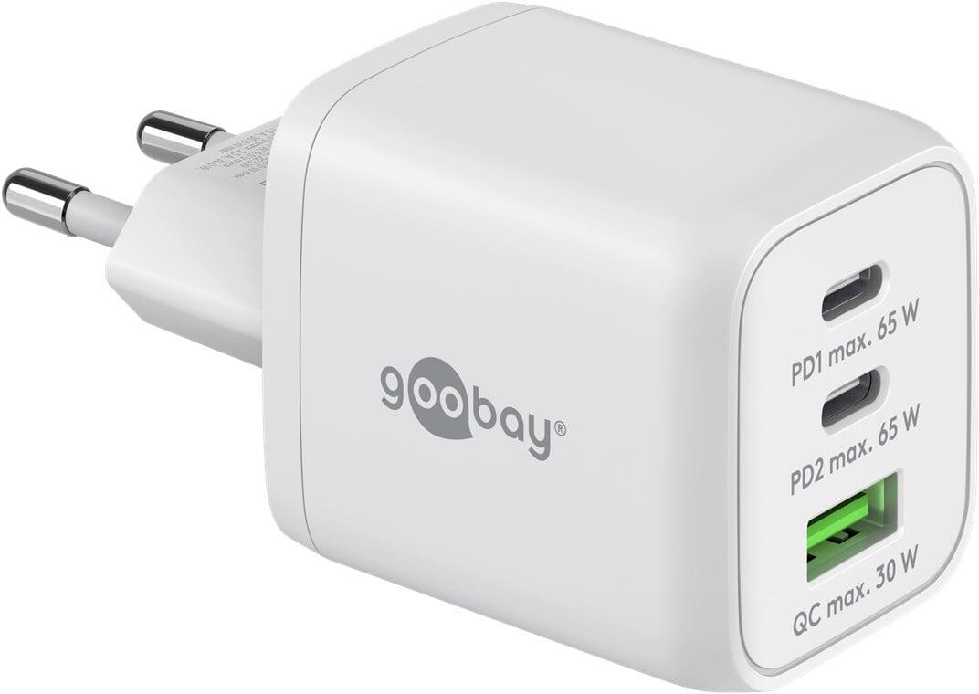 Nano Caricatore Alimentatore GaN 2xUSB-C™ (PD) + USB-A (QC) da Muro 65W Bianco