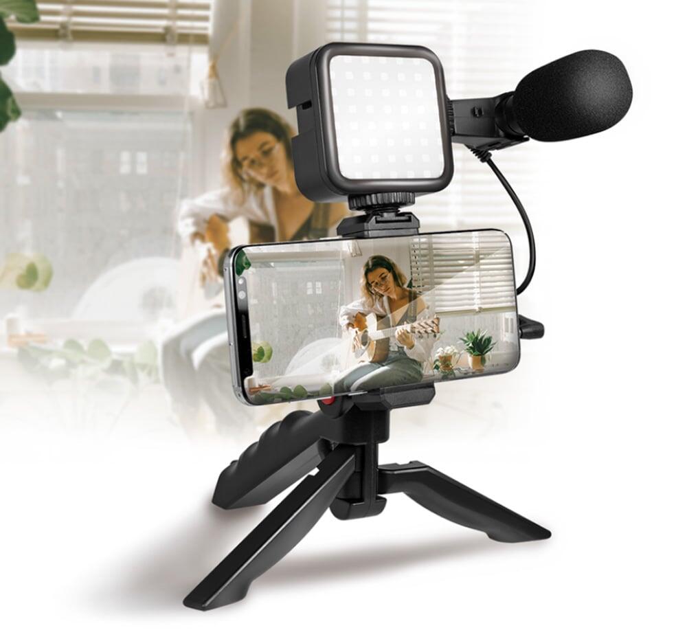 Kit Vlogger Treppiede per Smartphone 4,7''–7'' con Luce LED e Microfono Direzionale