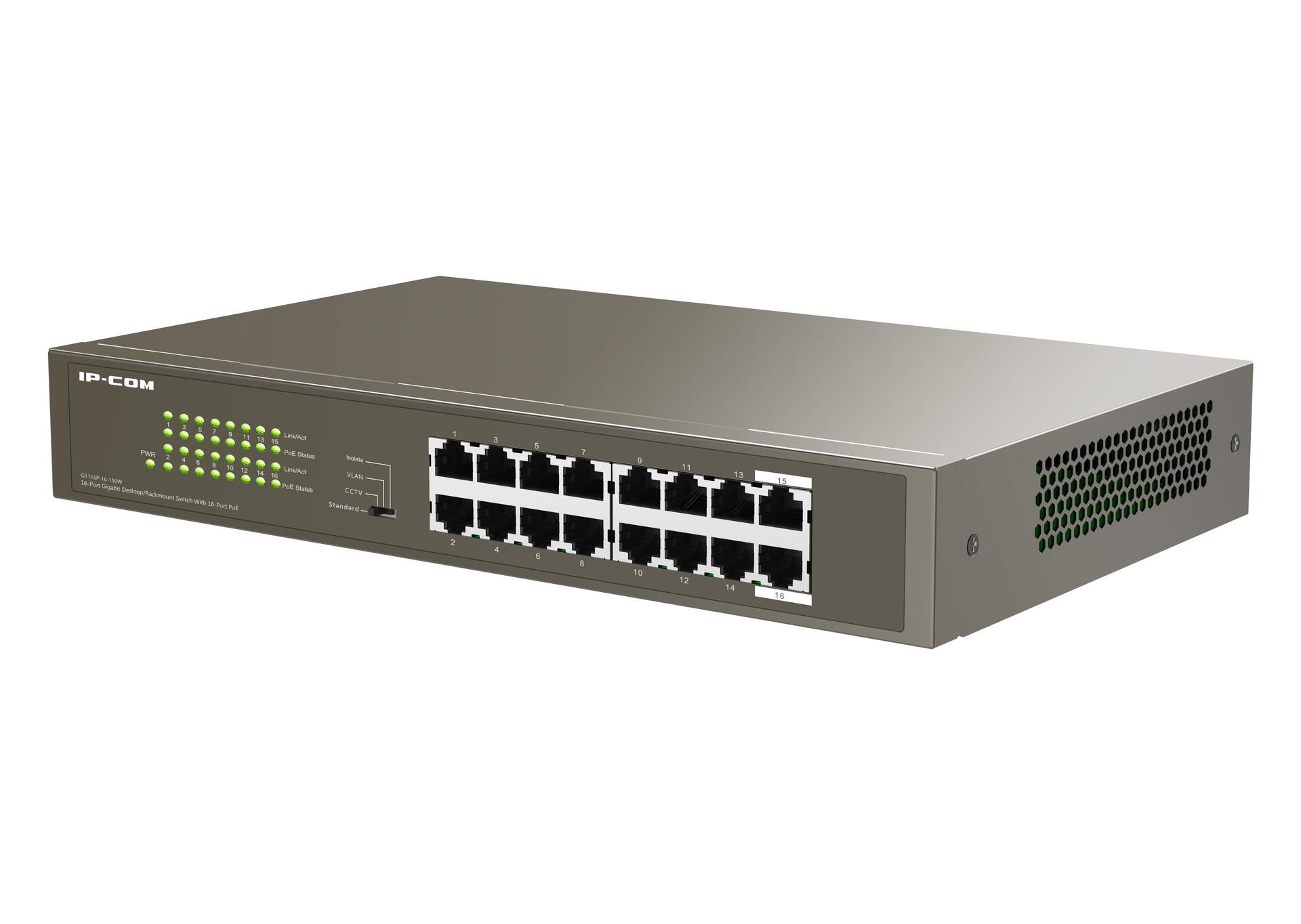 Switch 16 Porte Gigabit Desktop/Rack con 16 porte PoE+, G1116P-16-150W