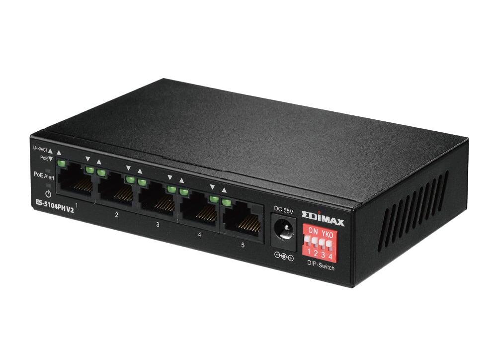 Switch 5 Porte Fast Ethernet a Lungo Raggio con 4 porte PoE+ e Switch DIP, ES-5104PH V2