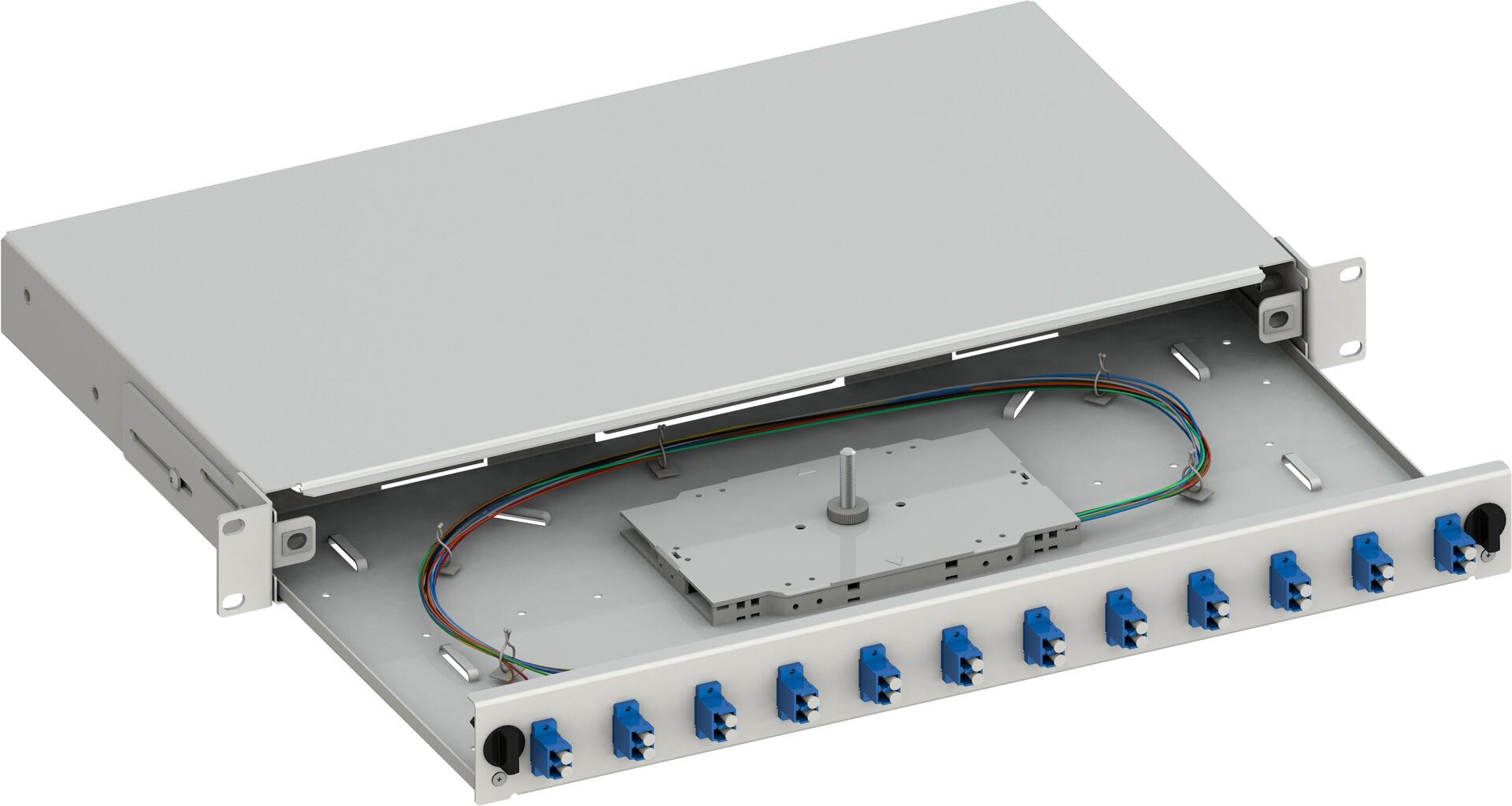 Cassetto Ottico 19'' Scorrevole con 12 Bussole e 24 Pigtails LC Duplex Monomodale OS2 Grigio