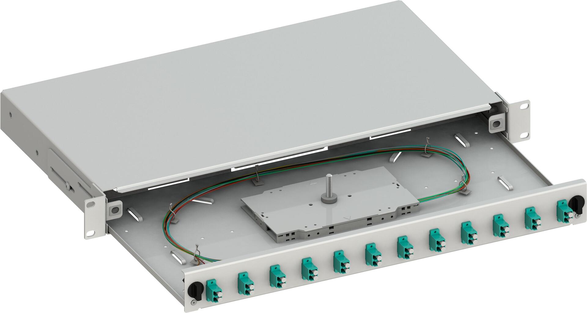 Cassetto Ottico 19'' Scorrevole con 12 Bussole e 24 Pigtails LC Duplex Multimodale OM3 Grigio