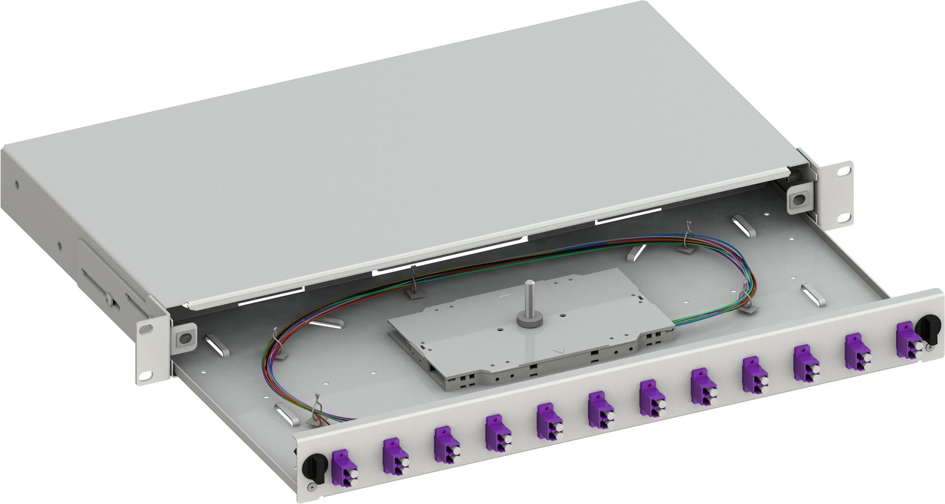 Cassetto Ottico 19'' Scorrevole con 12 Bussole e 24 Pigtails LC Duplex Multimodale OM4 Grigio