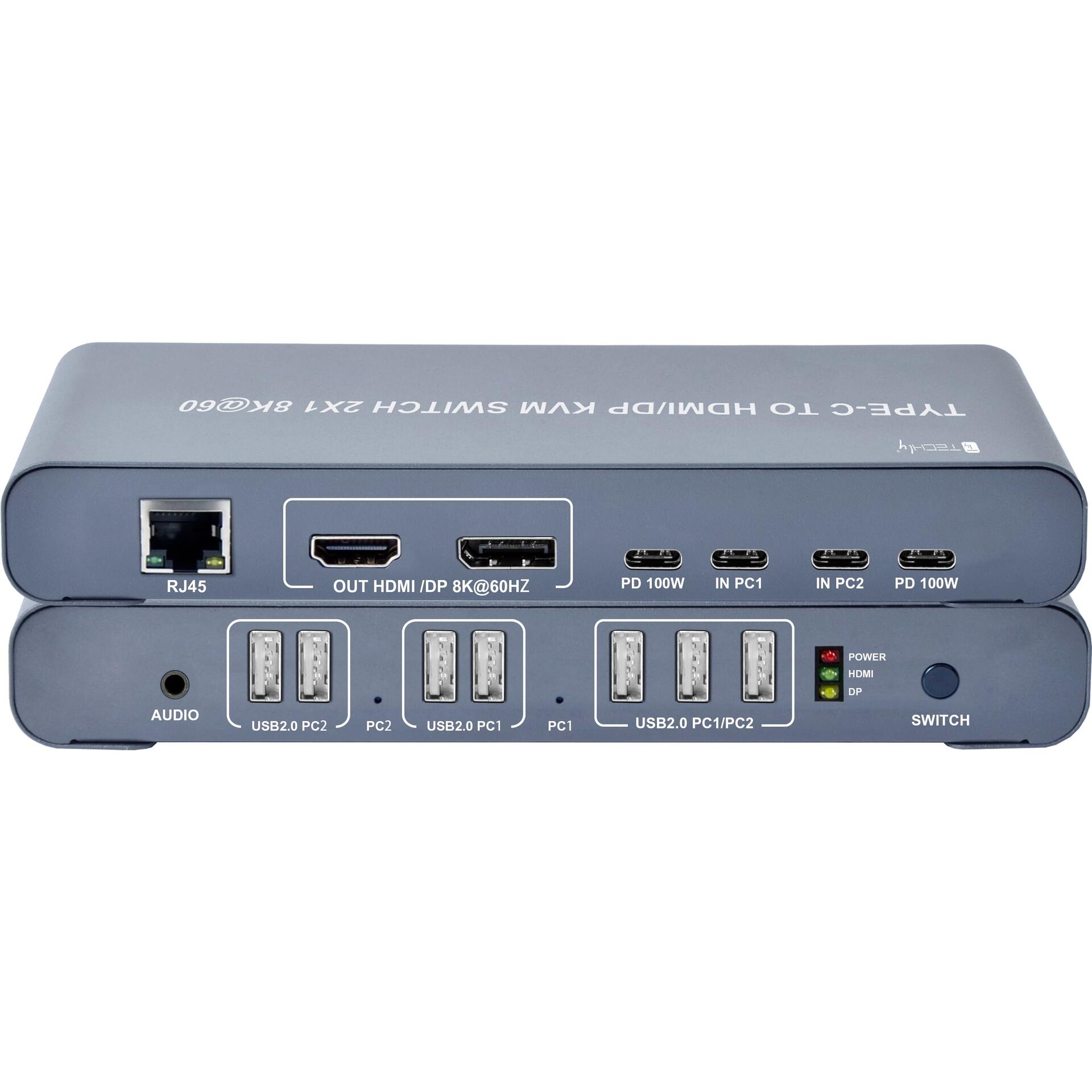 KVM Switch 2x1 USB2.0 Tipo C™ a HDMI/DP 8K@60Hz PD100W Nero