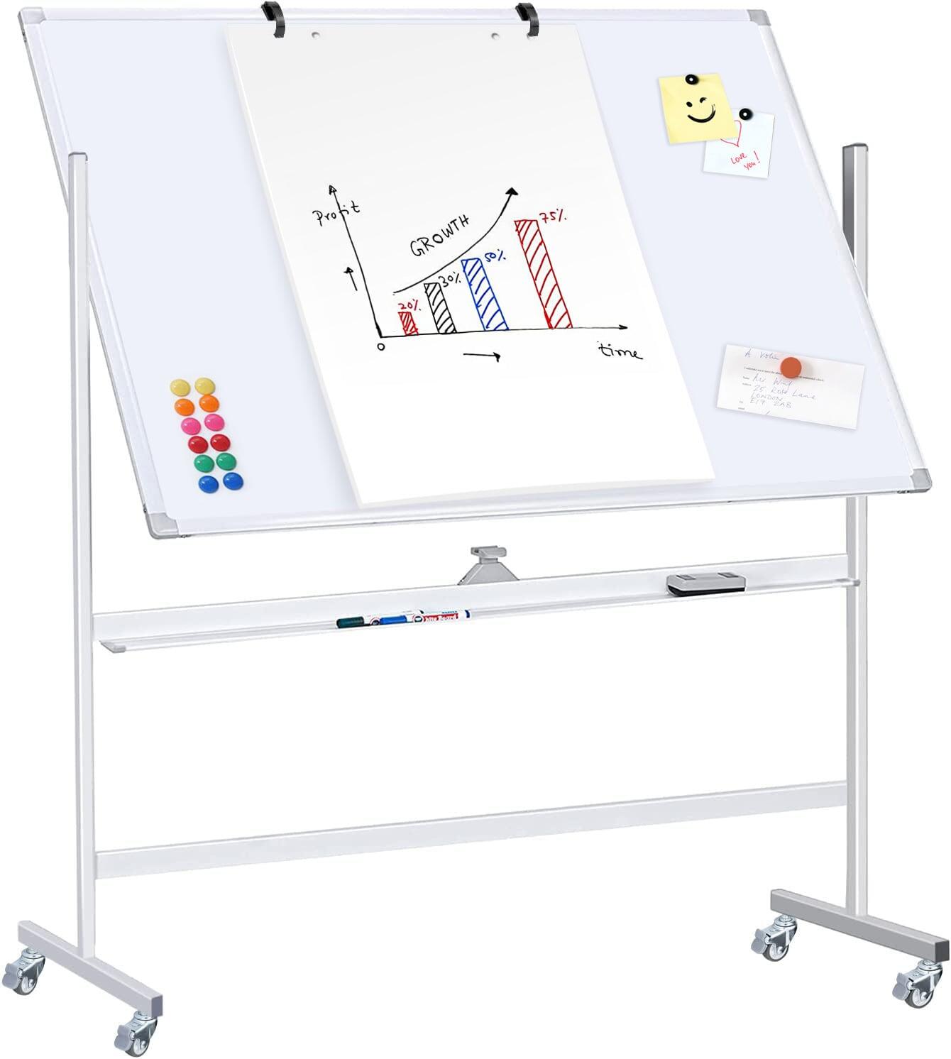 Lavagna Magnetica Bifacciale 90x120 cm con Ruote e Mensola per Pennarelli con Ganci Portablocco