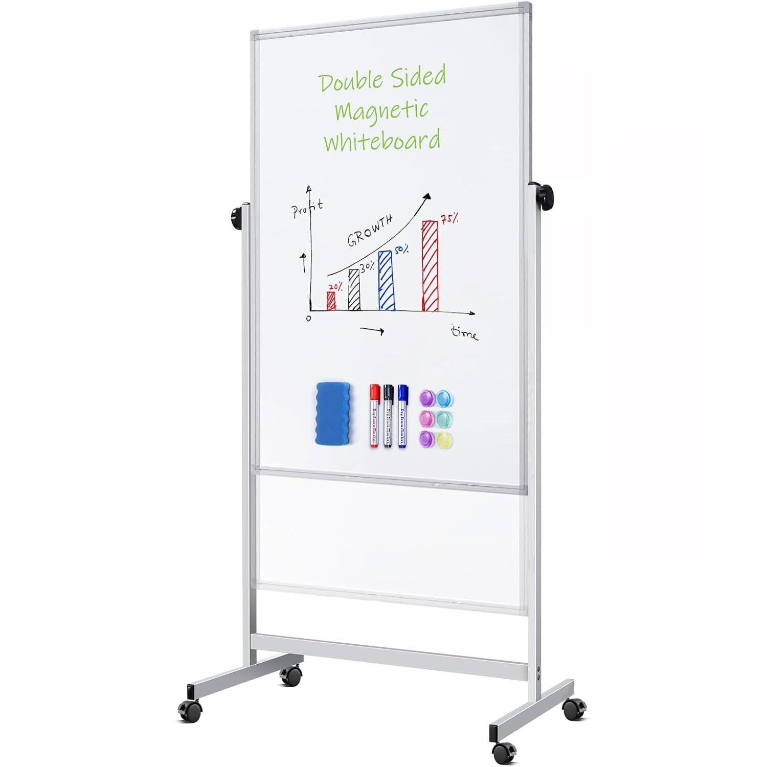 Lavagna Magnetica Bifacciale 80x120cm con Ruote e Altezza Regolabile