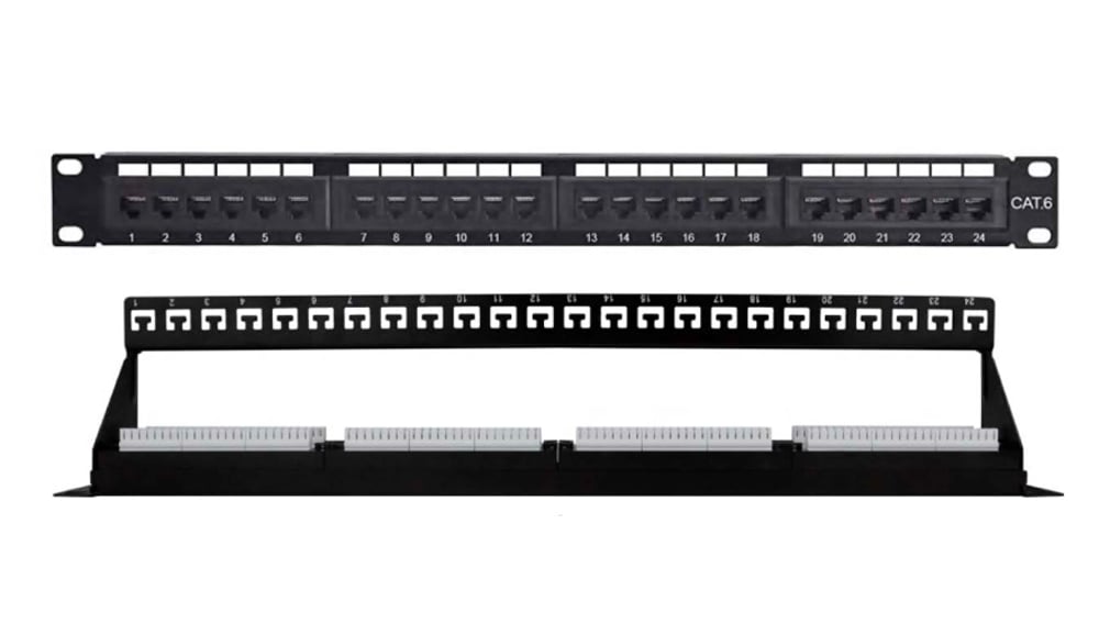 Pannello Patch UTP 24 Posti Cat.6 1U con barra gestione cavi removibile Nero