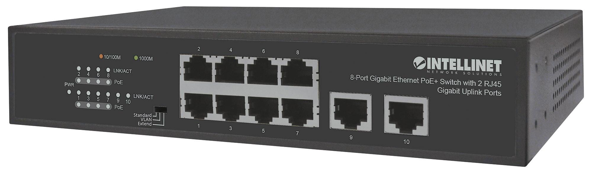 Switch Ethernet Gigabit 8 Porte PoE+ con 2 porte RJ45 Gigabit Uplink