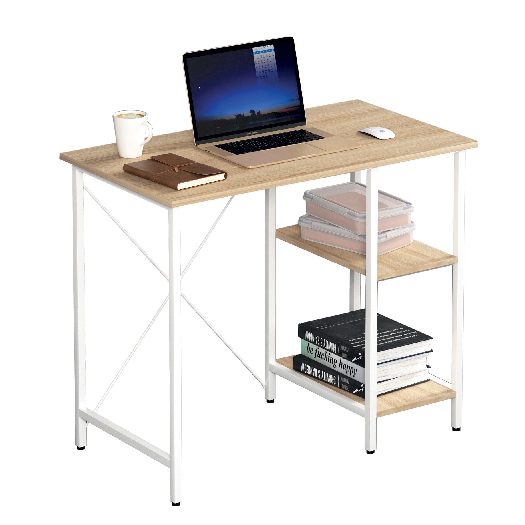 Scrivania per Computer in Metallo con Ripiani Rovere Chiaro e Bianco