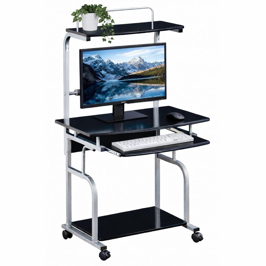 Scrivania Mobile per PC Stampante con Tastiera Estraibile Nero Lucido