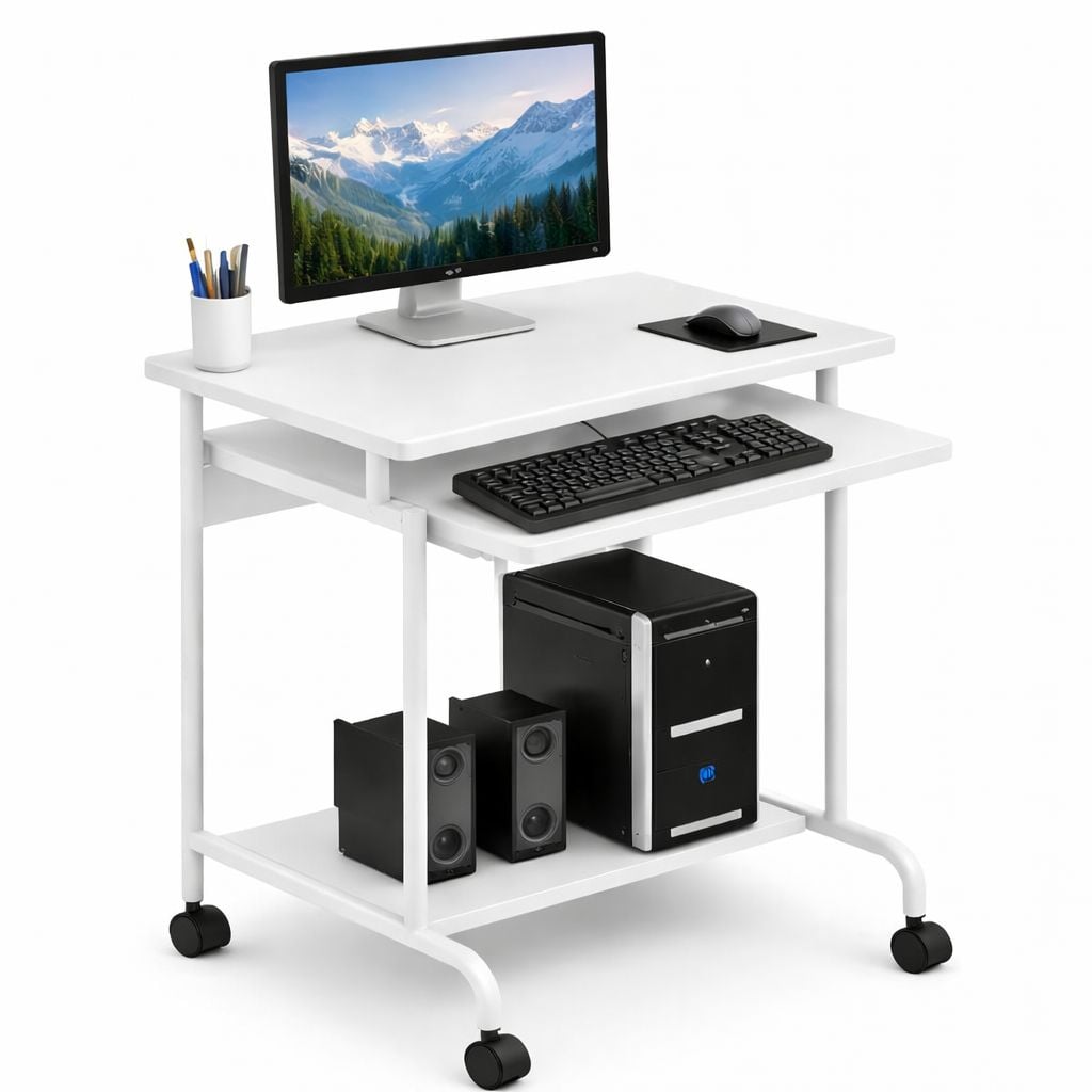 Scrivania Mobile ''Compact'' per Computer Ripiano Tastiera Scorrevole Bianco