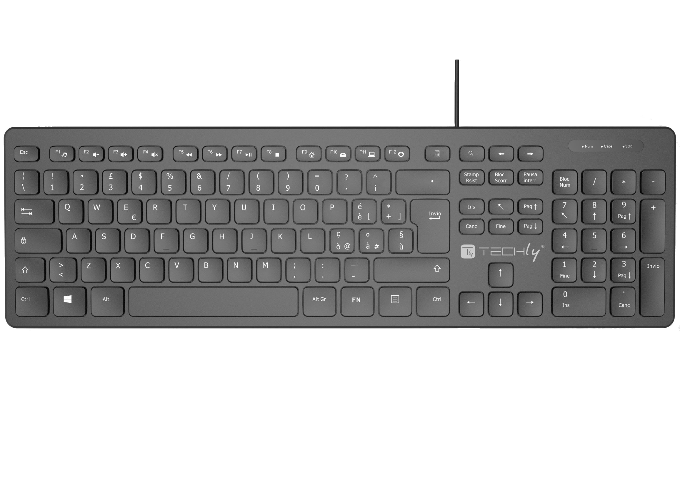 Tastiera USB Standard 109 Tasti Layout Italiano e Hub 3 Porte USB Nero