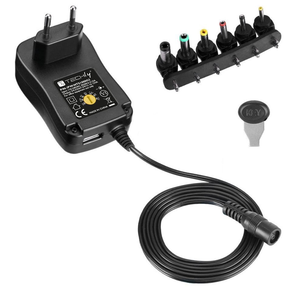 Alimentatore Universale Regolabile 12W AC/DC 3V-12V 1000 mA con 6 Spine DC Porta USB 1A