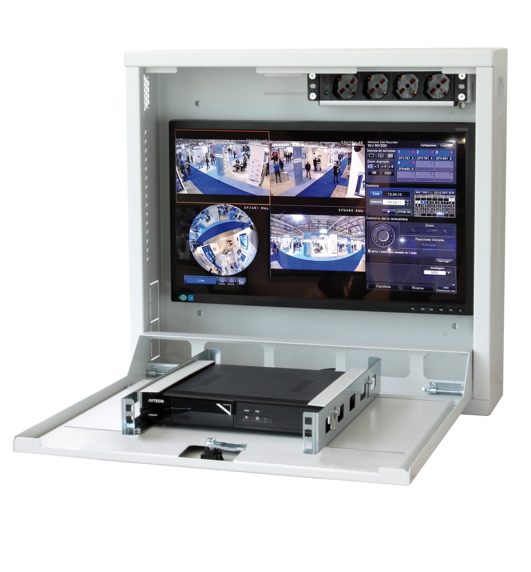 L armadietto ICRLIM08AI è studiato per mettere in sicurezza il vostro sistema di videosorveglianza da accessi non autorizzati; permette infatti di alloggiare al suo interno un videoregistratore e un monitor, ma anche piccoli switch grazie alla staf