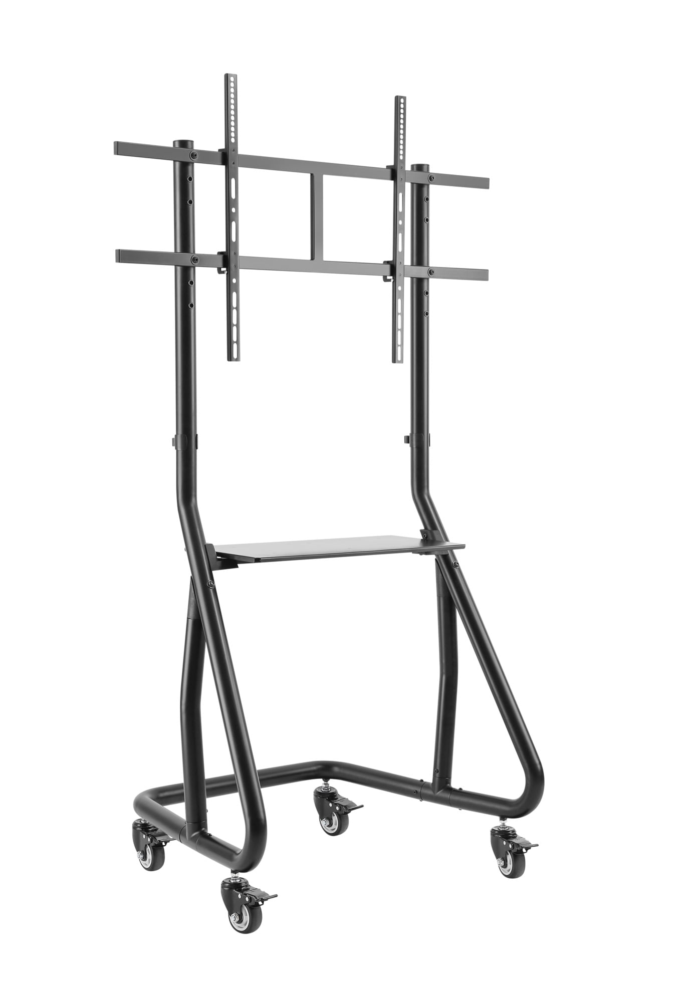Supporto da pavimento con design elegante e struttura solida e robusta in grado di supportare fino a 80 kg. Carrello TV durevole che si adatta a qualsiasi ufficio o ambiente commerciale e, grazie all ampia mensola di cui è dotato, è in grado