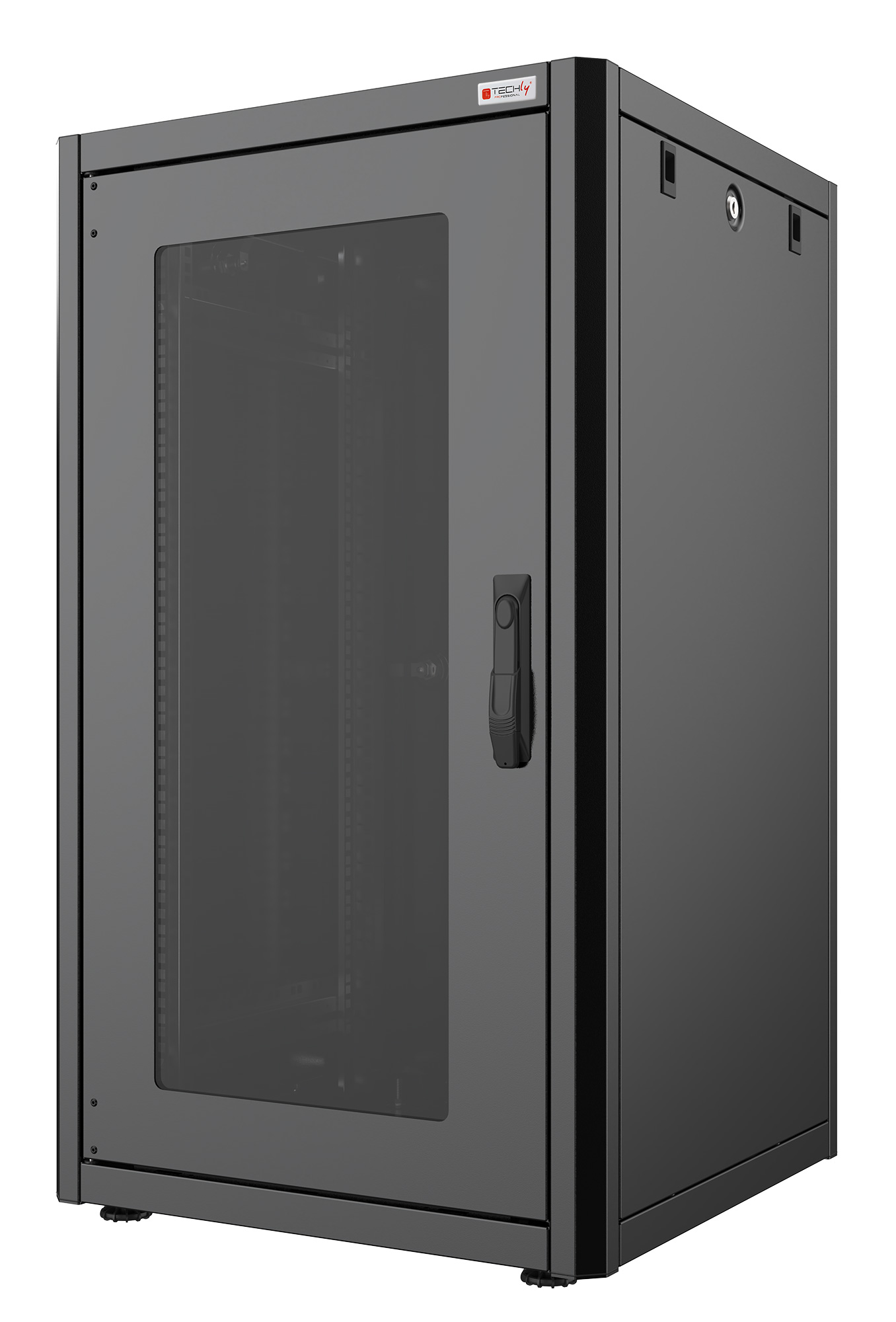 Solido armadio rack a pavimento caratterizzato da una struttura solida e robusta e un design moderno dalla linea essenziale con profili arrotondati che non trascura la praticità nell installazione. Dotato di doppi montanti anteriori e posteriori re