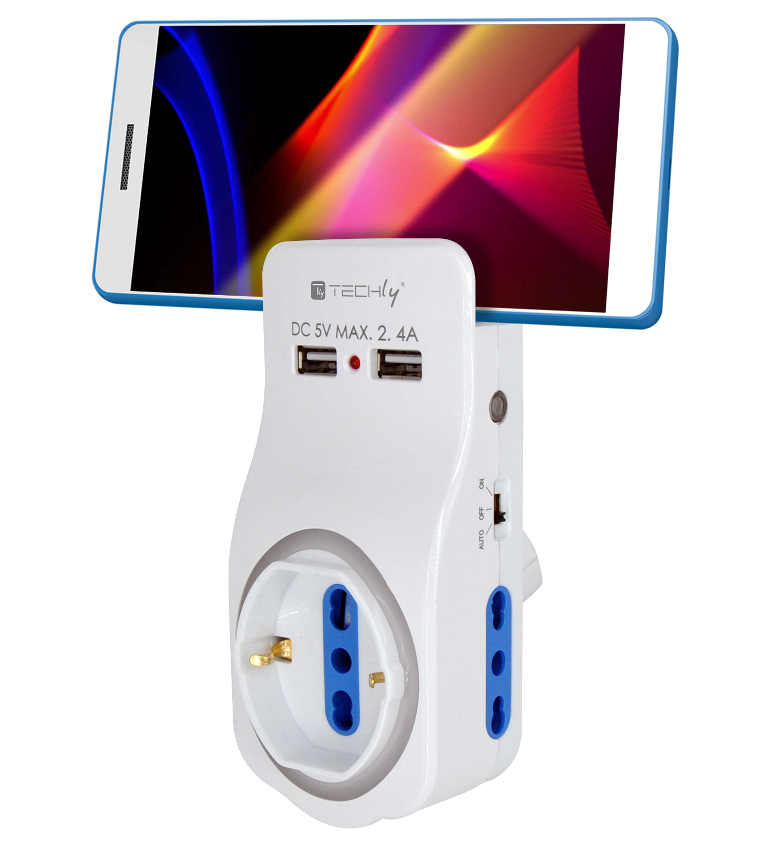 Pratica multipresa da muro a tre posti, con due prese USB e un pratico supporto che permette di riporre lo smartphone in tutta sicurezza durante la ricarica (posizionabile sia in orizzontale che in verticale). Ideale per la casa, l ufficio e le workstatio
