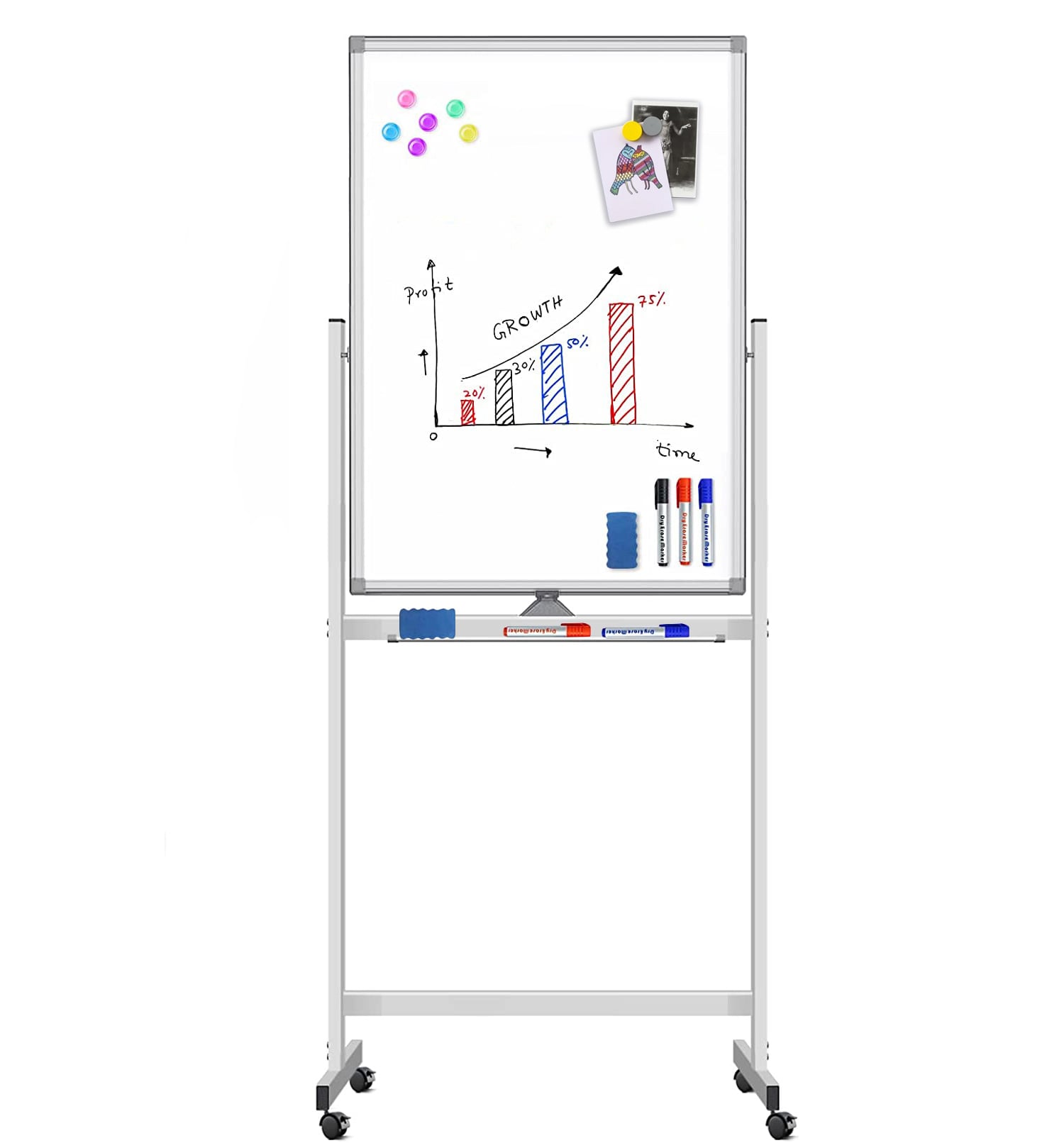 Lavagna magnetica bifacciale: permette di scrivere su tutti e due i lati, ruotando di 360° il pannello. Realizzata con una lamiera di altissima qualità, fornisce un area scrivibile di 60x100 cm e la possibilità di aggiungere un blocco a
