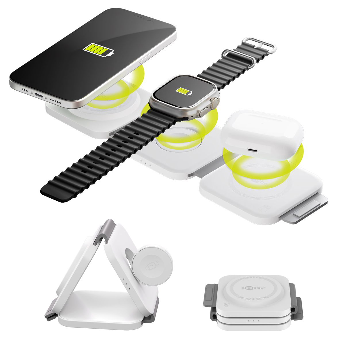 La soluzione di ricarica 3in1 è il compagno di viaggio perfetto e convince per la sua funzione di ripiegamento flessibile per un formato ultracompatto che si adatta a qualsiasi tasca. L affidabile tecnologia magnetica garantisce che i dispositivi s