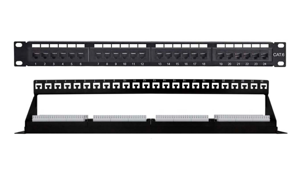 Pannello Patch UTP 24 Posti Cat.6 1U con barra gestione cavi removibile Nero