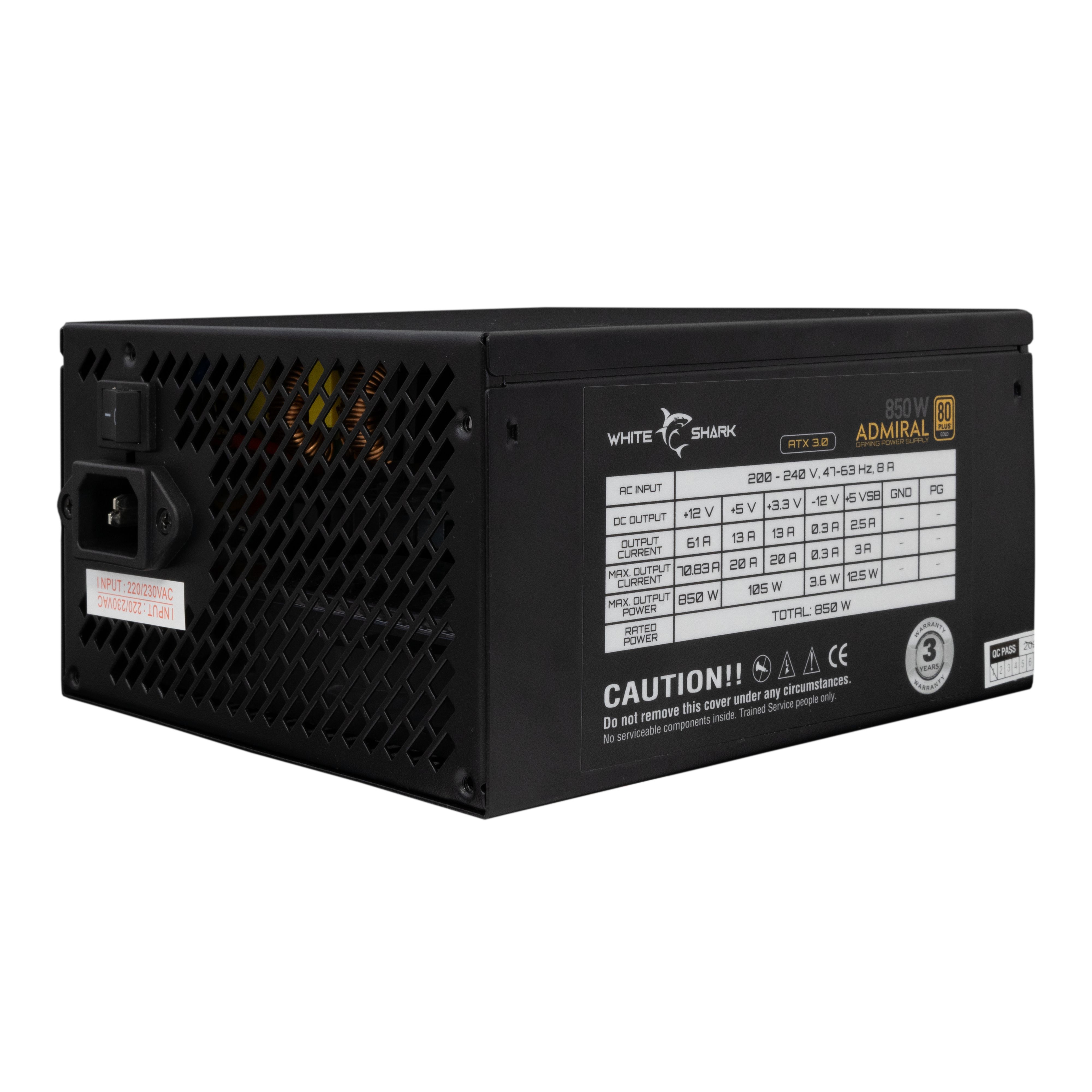 L alimentatore White Shark ADMIRAL eroga 850 W di potenza con efficienza 80 PLUS GOLD e compatibilità ATX 3.0. Completamente modulare e costruito in acciaio per una maggiore durata. Dotato di una gamma di spine e funzioni di sicurezza, tra cui OVP