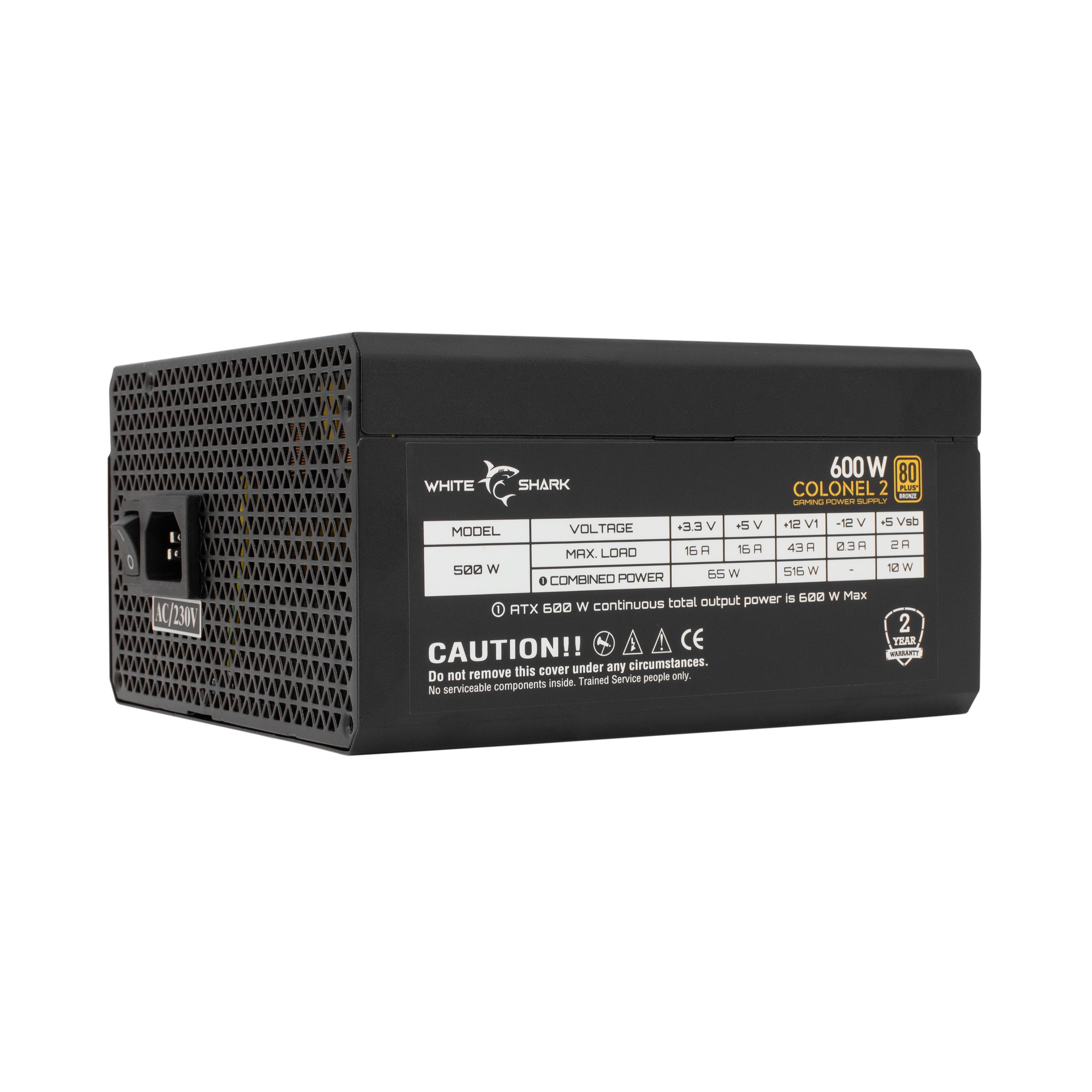 Alimentatore ATX White Shark COLONEL-2 con potenza di 600 W. Con una lunghezza di 160 mm e un peso di 1556 g, mantiene la sua posizione. Abbraccia la versatilità con connettori 20+4 x 1, 4/8 x 1, SATA x 6, MOLEX x 4. La ventola da 140 mm con cuscin