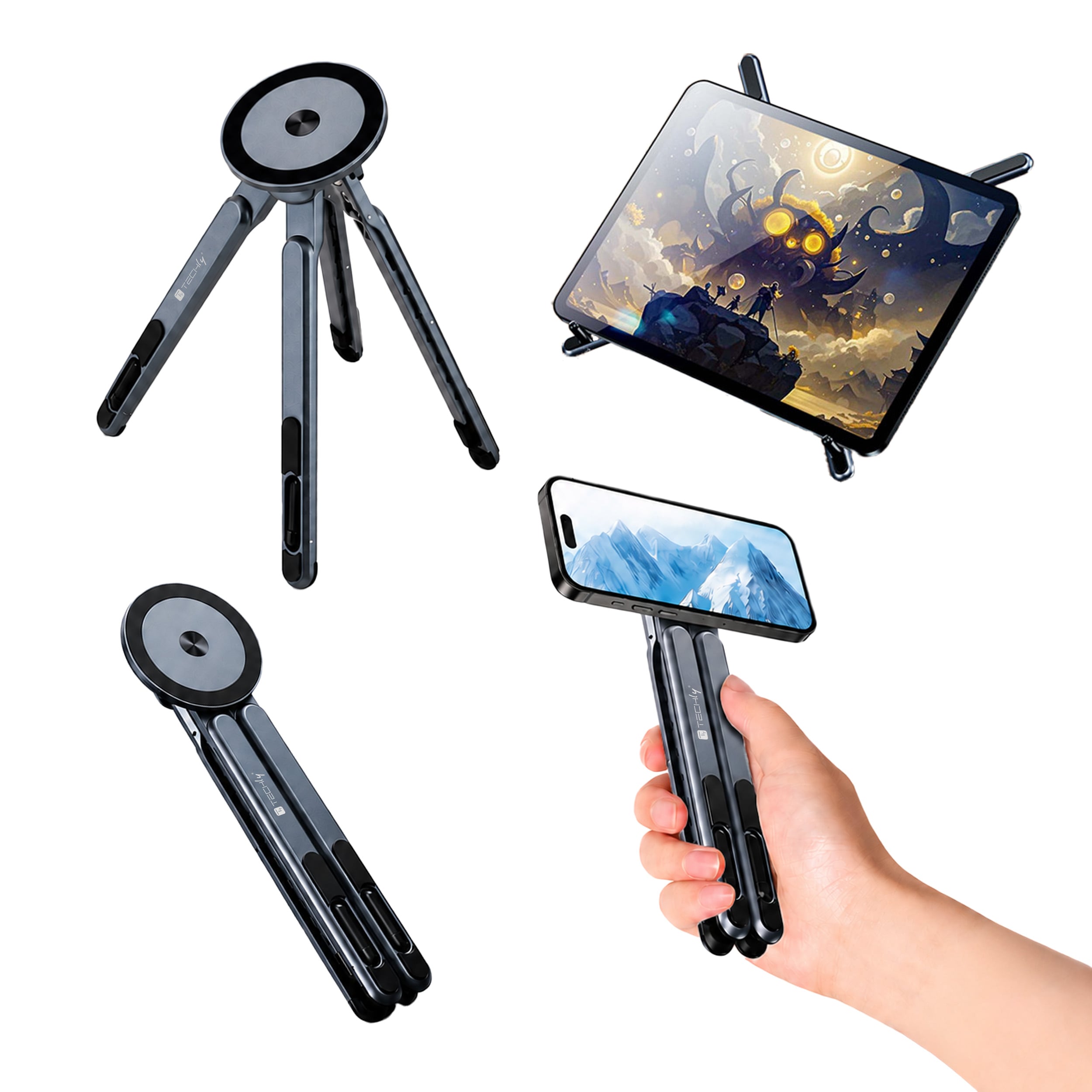 Supporto Pieghevole 3-in-1 Magnetico Altezza Regolabile per Laptop, Tablet e Smartphone
