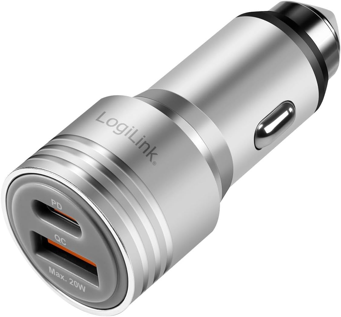 Caricabatteria da Auto con Doppia Porta USB, 20W, USB-A (QC), USB-C™ (PD), Argento